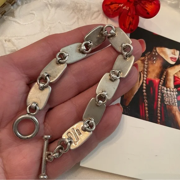 VINTAGE .950 SILVER MAHOGANY OBSIDIAN 9 LINK BRACELET, TOGGLE CLASP 36 GRAMS - Picture 4 of 16